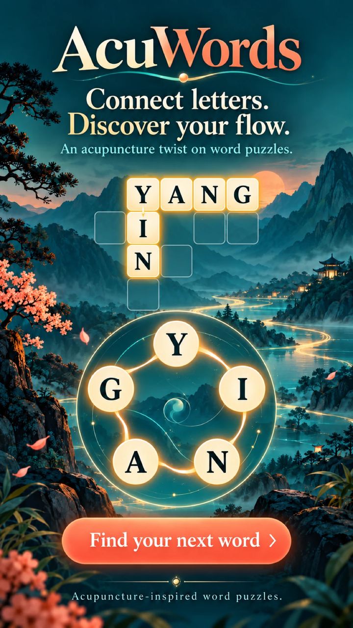 AcuWords: a letter wheel spelling YANG and YIN in a crossword grid