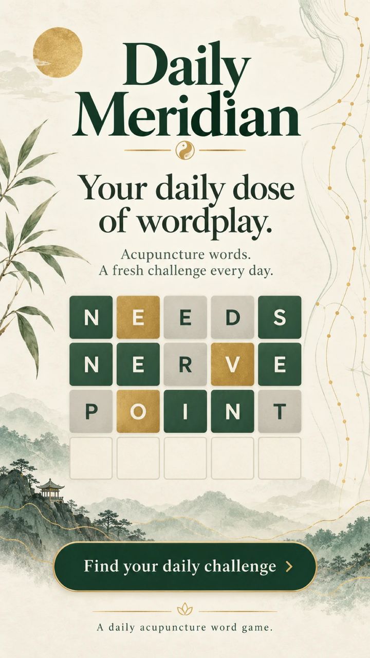 Daily Meridian: a five-letter word puzzle with green and gold tiles